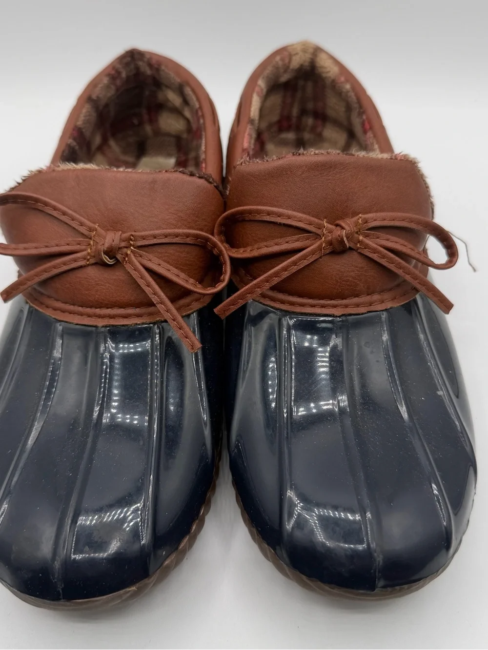 Jessica Carlyle Helene Duck Rain Clogs Plaid Lined Women’s 10 Navy Brown